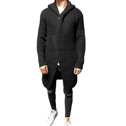 Long Knitted Hooded Sweater Coat Men Solid Color Button Casual Clothes null