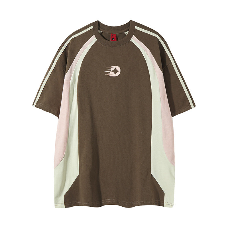 Men's Loose Sports And Leisure Retro Patchwork Contrast Color Short-sleeved T-shirt
