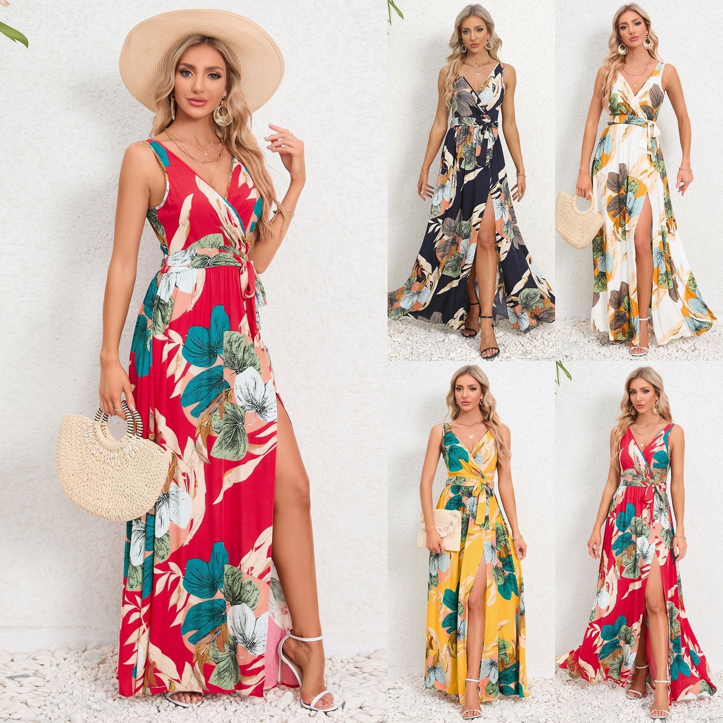 V-neck Floral Print Long Dress Summer Fashion Waist Tie Slit Design Sleeveless Dress For Womens Clothing.