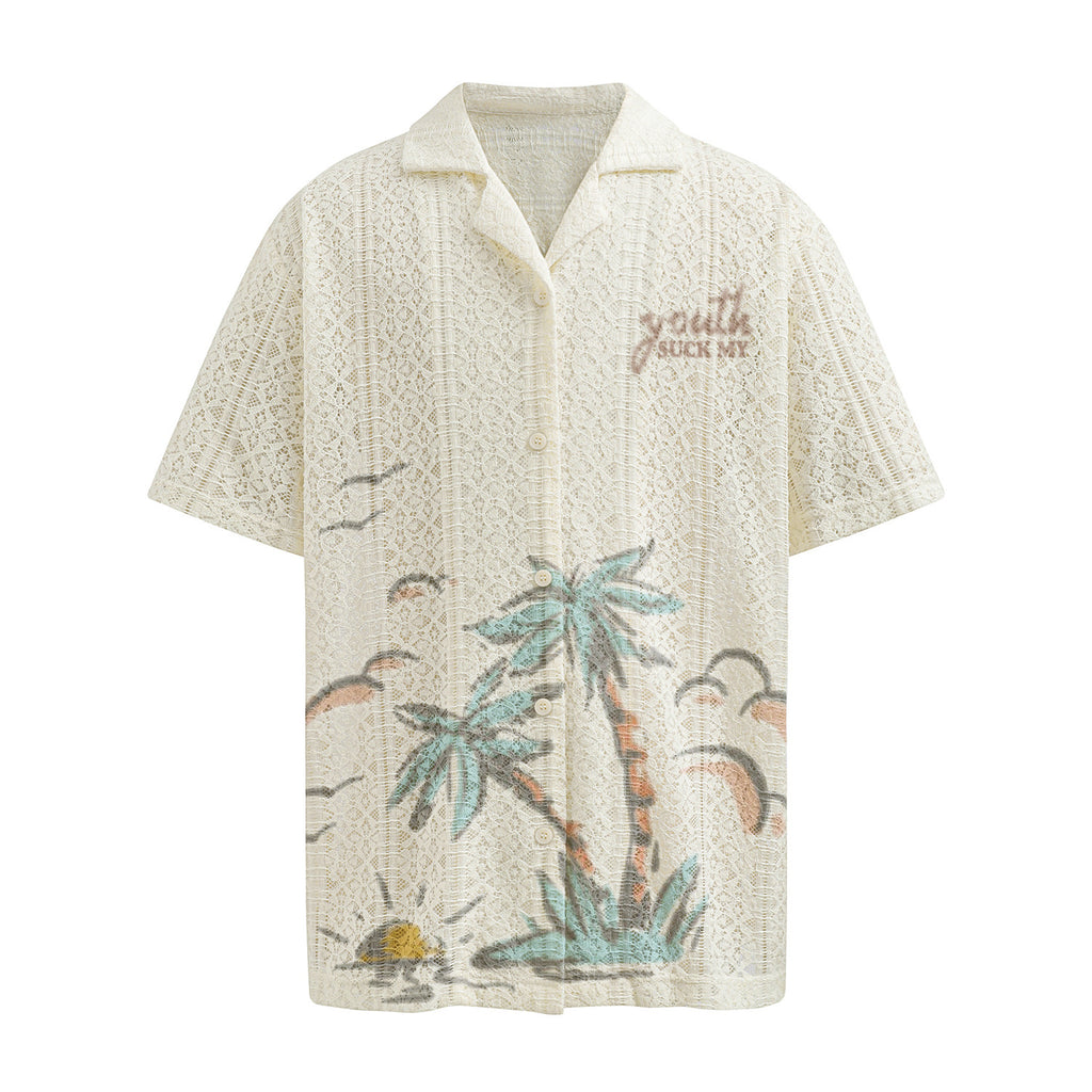 American Summer Beach Landscape Printing Ruffle Handsome Stylish Flow Loose Casual And Comfortable T-shirt