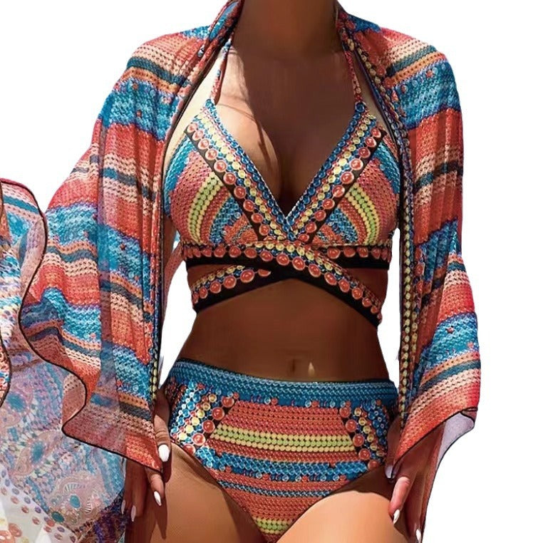 Women's Split Cross Strap Retro Ethnic Style Swimsuit.