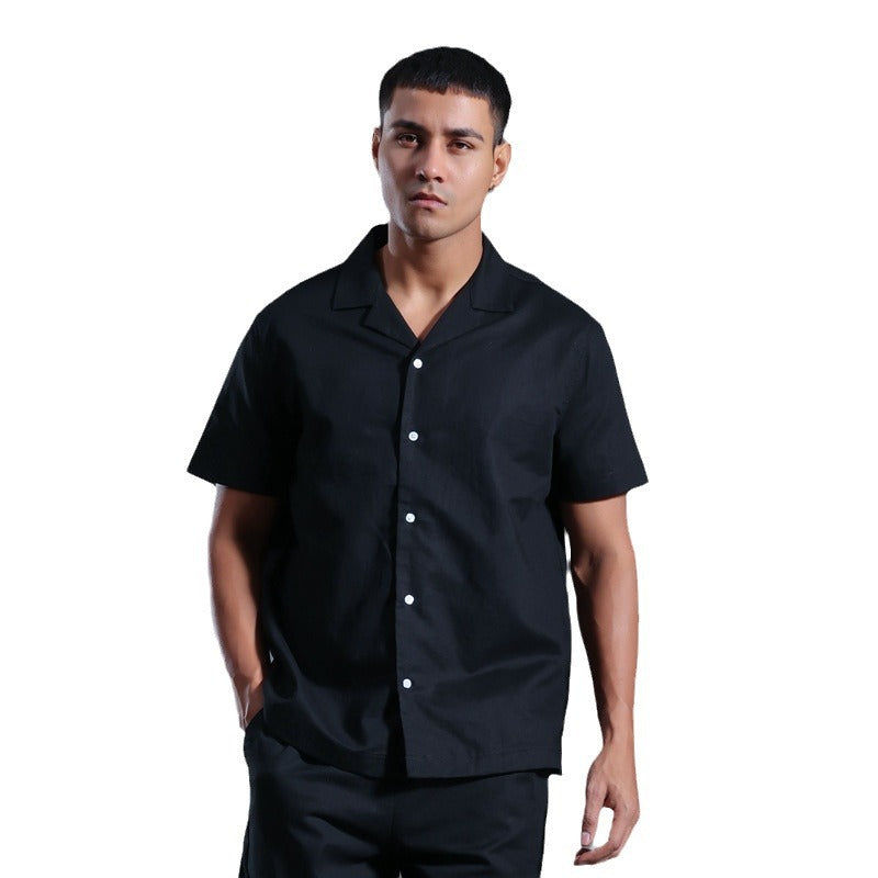 Cuban Collar Linen Cotton Blended Short-sleeved Shirt