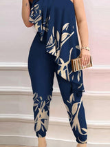 Printed One-shoulder Ruffled Jumpsuit