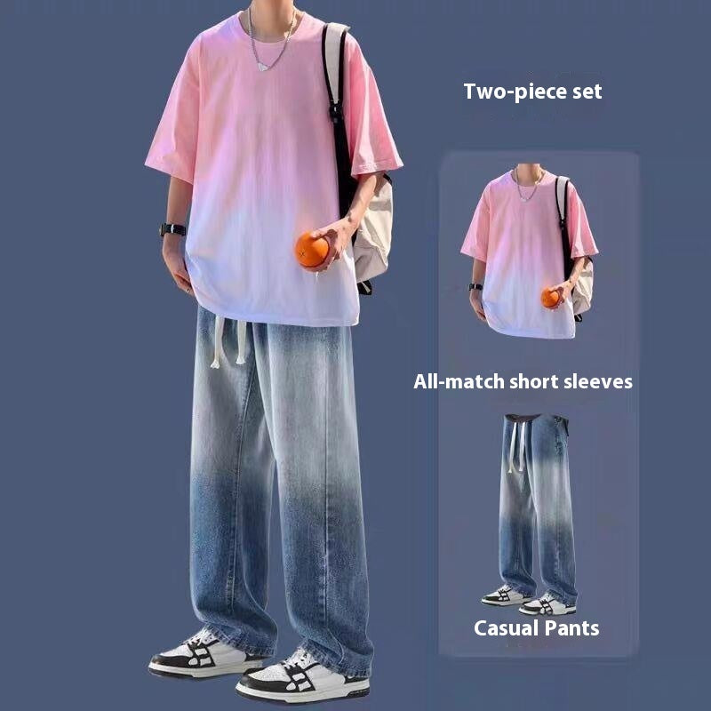 Gradient Short-sleeved Men's Summer Suit Jeans Ruoshuai Two-piece Set