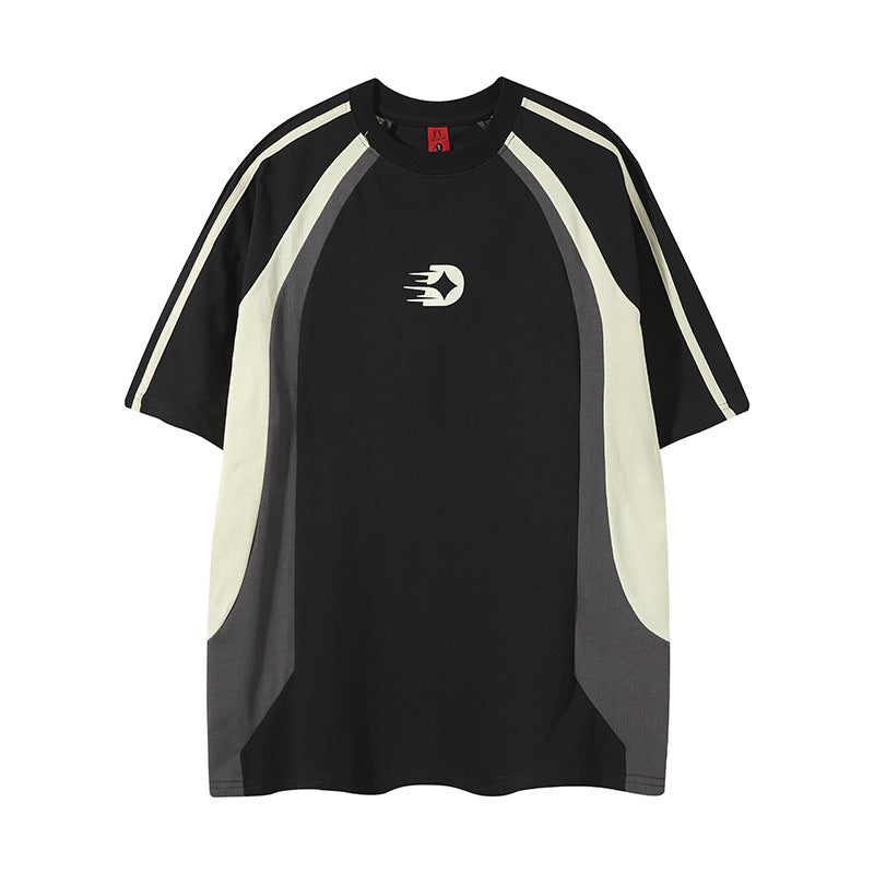 Men's Loose Sports And Leisure Retro Patchwork Contrast Color Short-sleeved T-shirt