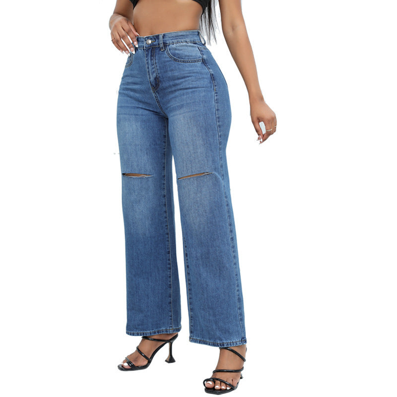 Elegant Ripped Wide-leg Jeans Women null