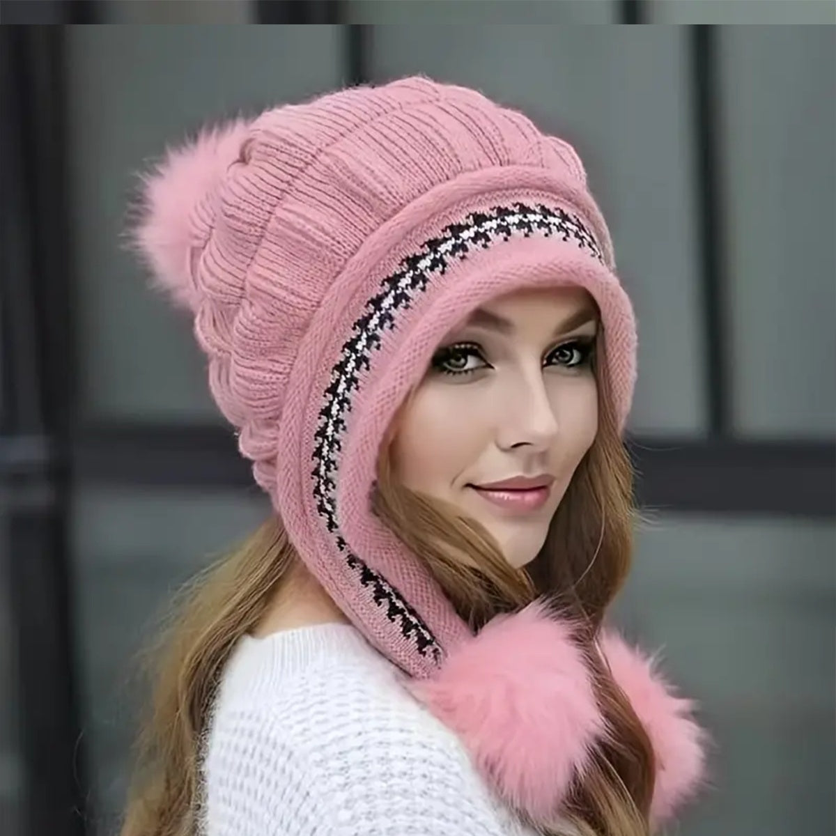 Cozy Knit Fleece-Feel Beanie With Ear Flaps & Pompom Warm Winter Hat For Women Perfect For Skiing & Outdoor Activities null