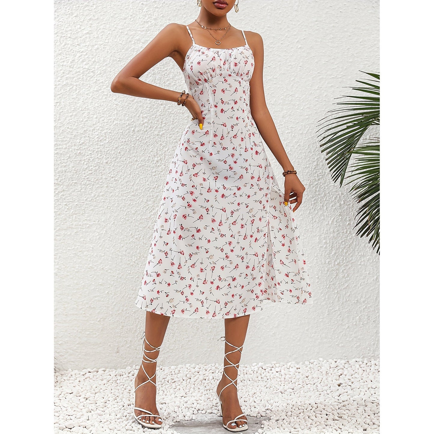 New Polka Dot Print Suspender Dress Summer Sexy Slit Long Dresses For Womens Clothing.