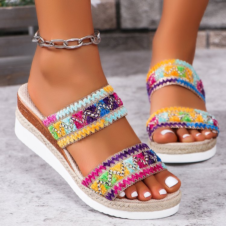 Fashion Wavy Pattern Woven Sandals Summer Casual Ethnic Style Slippers Linen Bottom Wide Strap Wedges Shoes For Women null