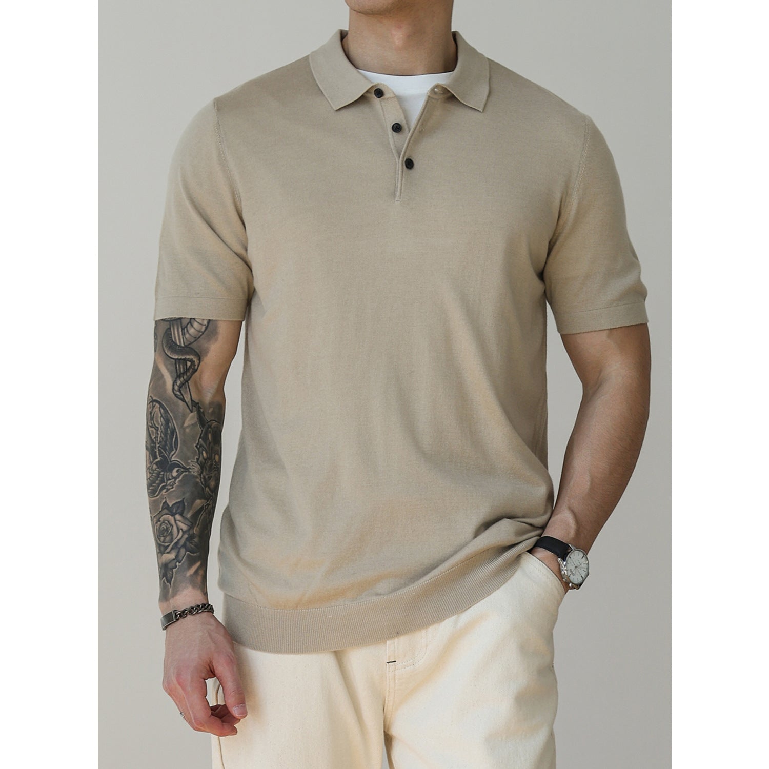 Men's Simple Summer American Casual Polo Collar Knitted Short-sleeved Bottoming Shirt