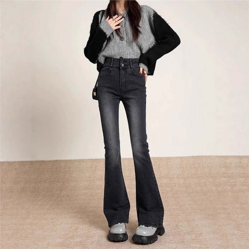 Black-gray Brushed Bootcut Skinny Jeans