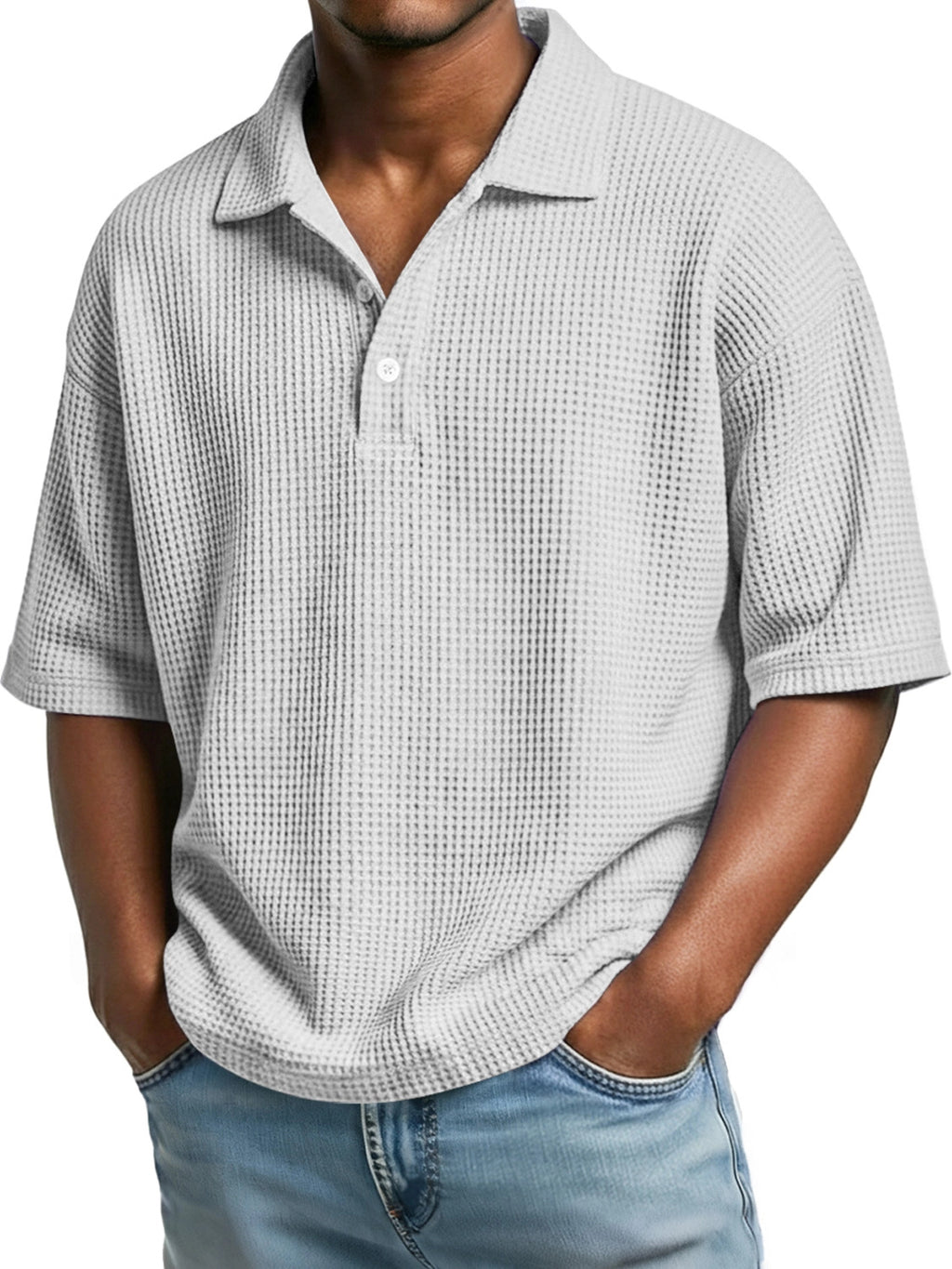 Mens Minimalist Basic Waffle-knit Button-up Collar Top