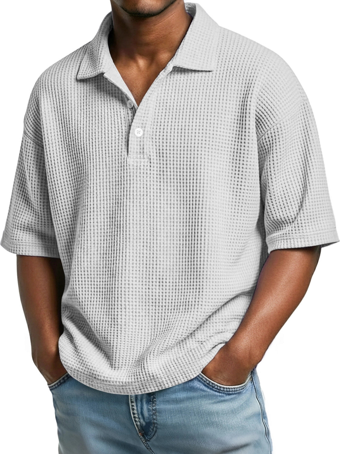 Mens Minimalist Basic Waffle-knit Button-up Collar Top