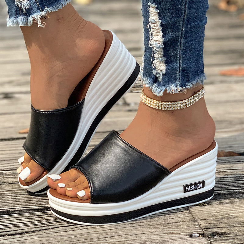 Fish Mouth Wedges Sandals Summer Fashion Hollow Design High Heels Slides Slippers Casual Beach Shoes For Women null