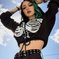 Women's Fashion Gothic Skull Print Casual Drawstring Short Hoodie Long Sleeve Top