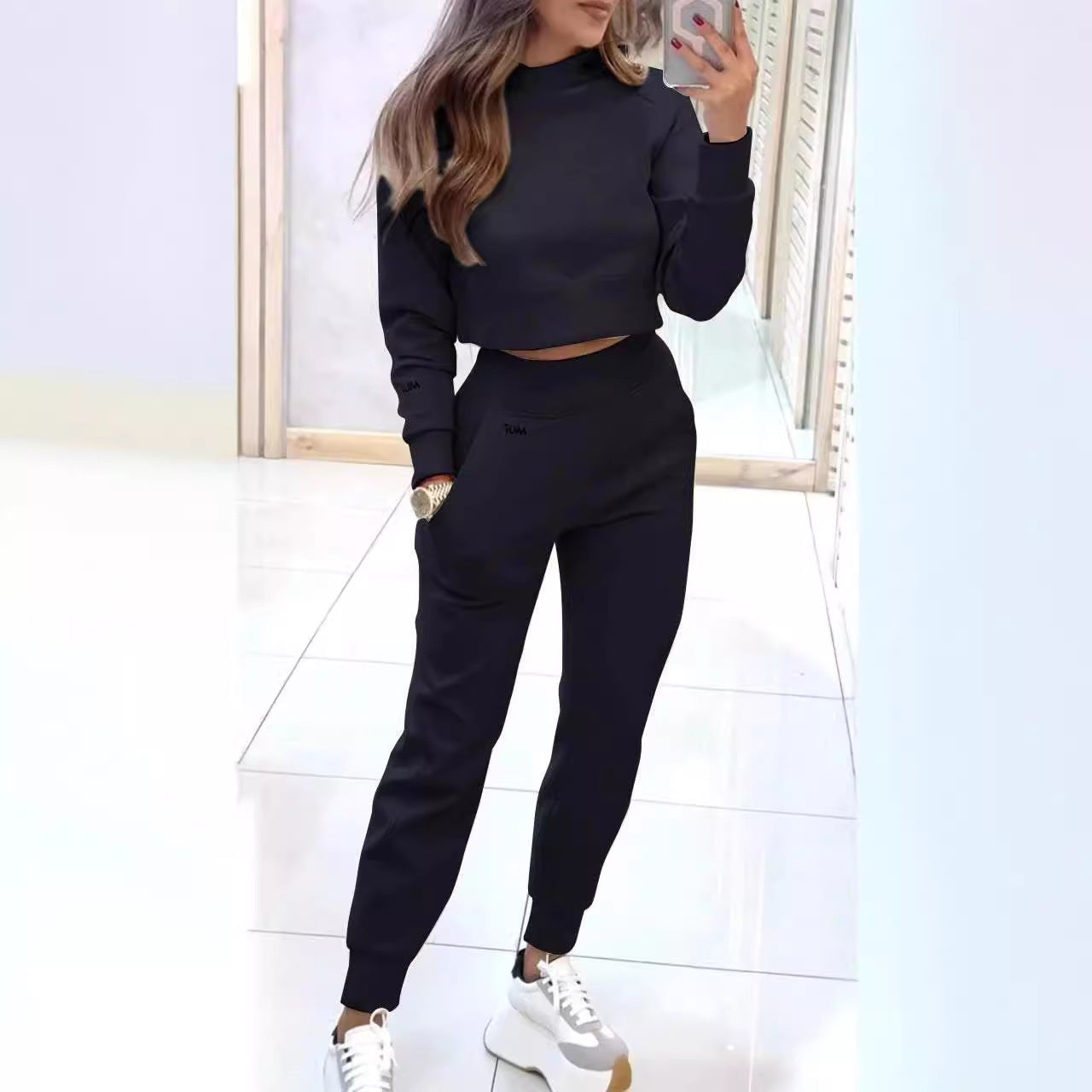 Stand Collar Sports Suit Fashion Pullover Long-sleeves Short Top And Slim Trousers With Pockets Solid Outfits Women's Clothing null