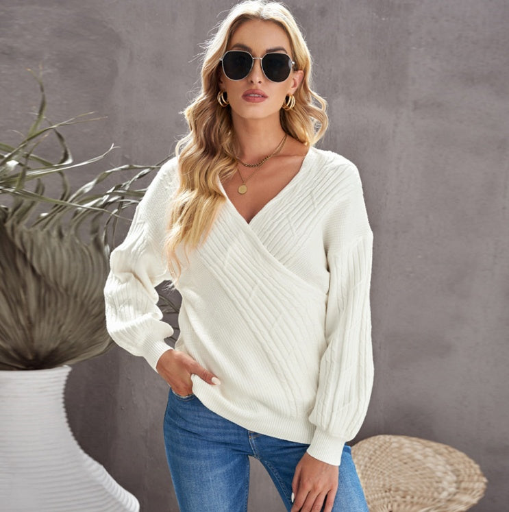 Women's Solid Color Long-sleeved V-neck Pullover Sweater null