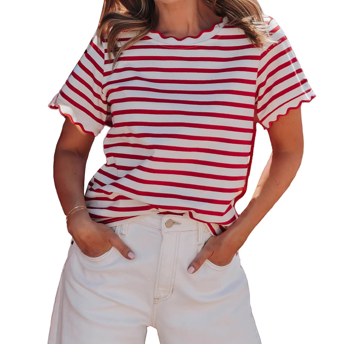 Womens Trendy, Avant-garde Striped T-shirt With A Ruffled Hem
