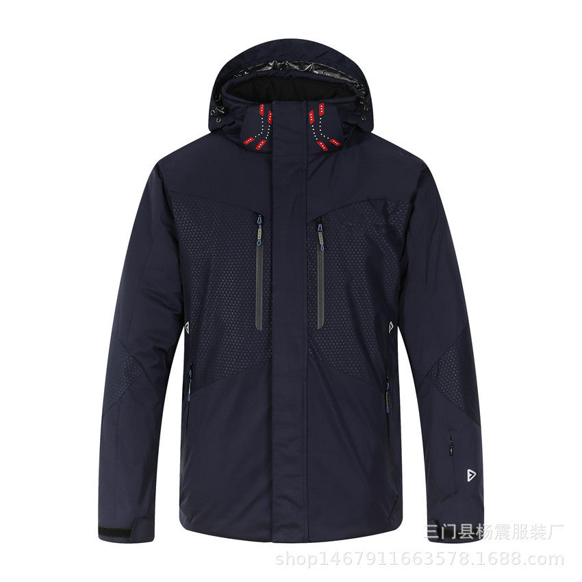Mens New Thickened Insulated Winter Outdoor Shell Jacket navy hooded waterproof windproof insulated hiking camping jacket front view