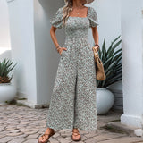 Square Collar Puff Sleeve Vacation Style Floral Jumpsuit