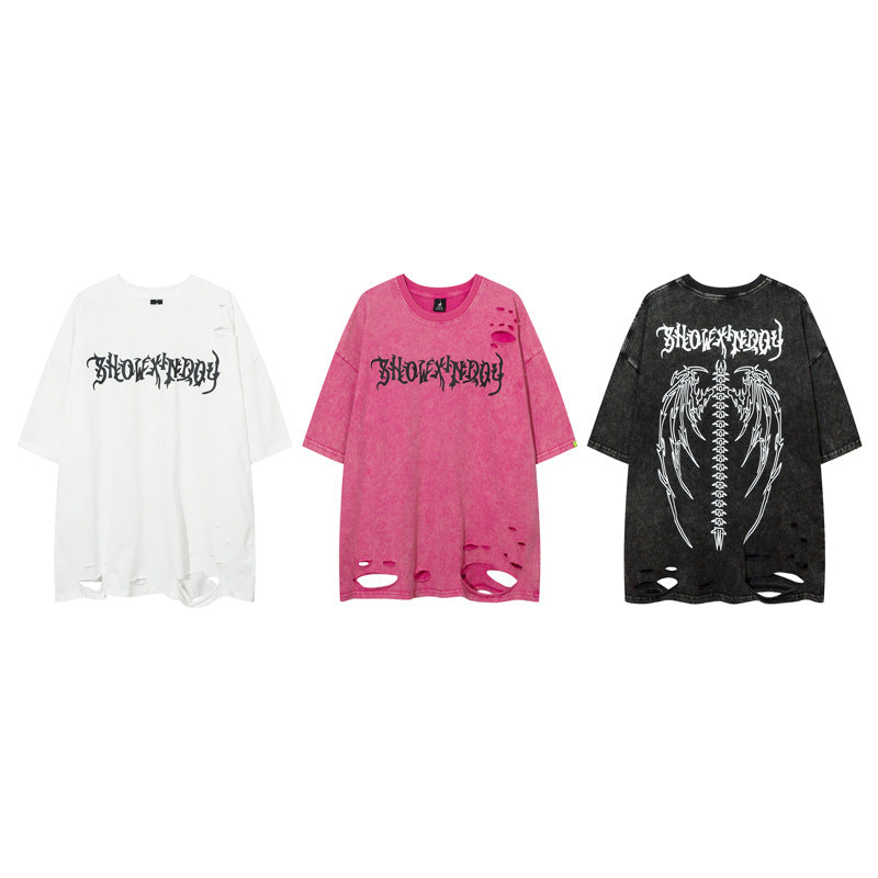 Hip Hop Retro Washed Distressed Printed Ripped Short Sleeve
