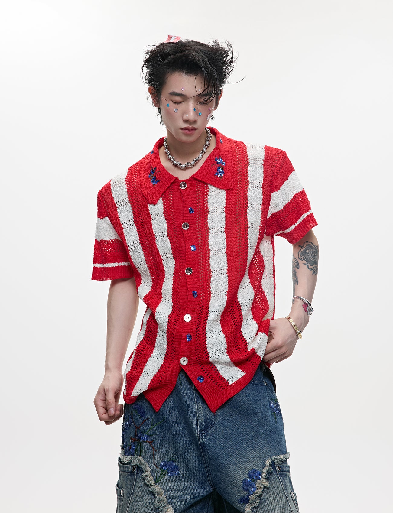 Men's Patchwork Striped Niche Retro Knitted Short Sleeved Shirt