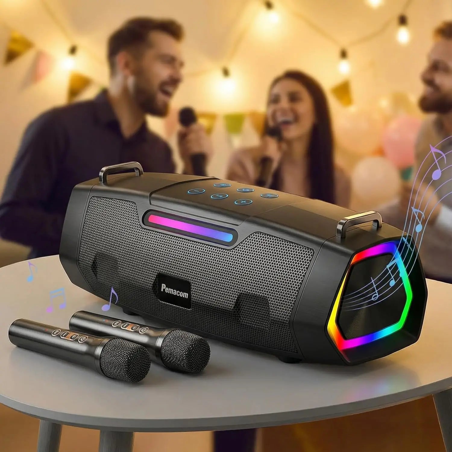 Powerful 60W Speaker with RGB Lighting and Shoulder Strap - with 2 Wireless Microphones Portable  Karaoke Machine
