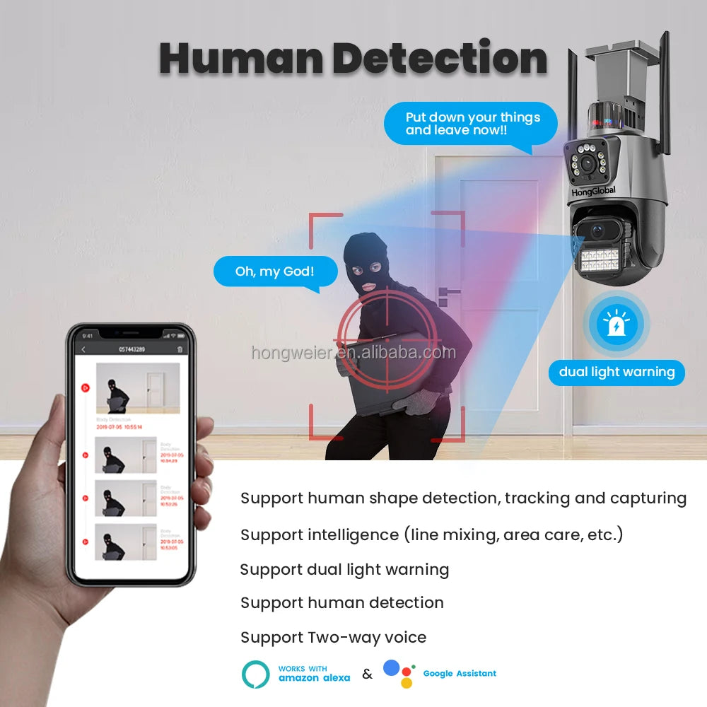HongGlobal 8MP HD Video Smart Outdoor PTZ Camera ICSee Dual Lens 4K Monitor Wireless WiFi Home Security CCTV Surveillance Camera