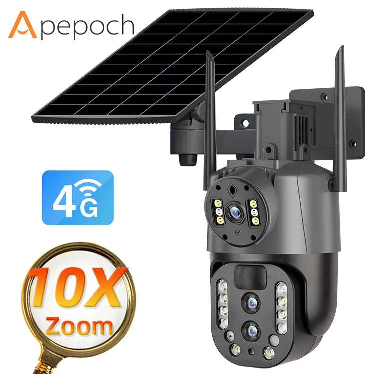 18000mAh Solar Panel 4G Outdoor Security Camera 3MP*3 Lens 10X Zoom Two-Way Audio Cloud Storage 8W CMOS Sensor Wide Night Vision