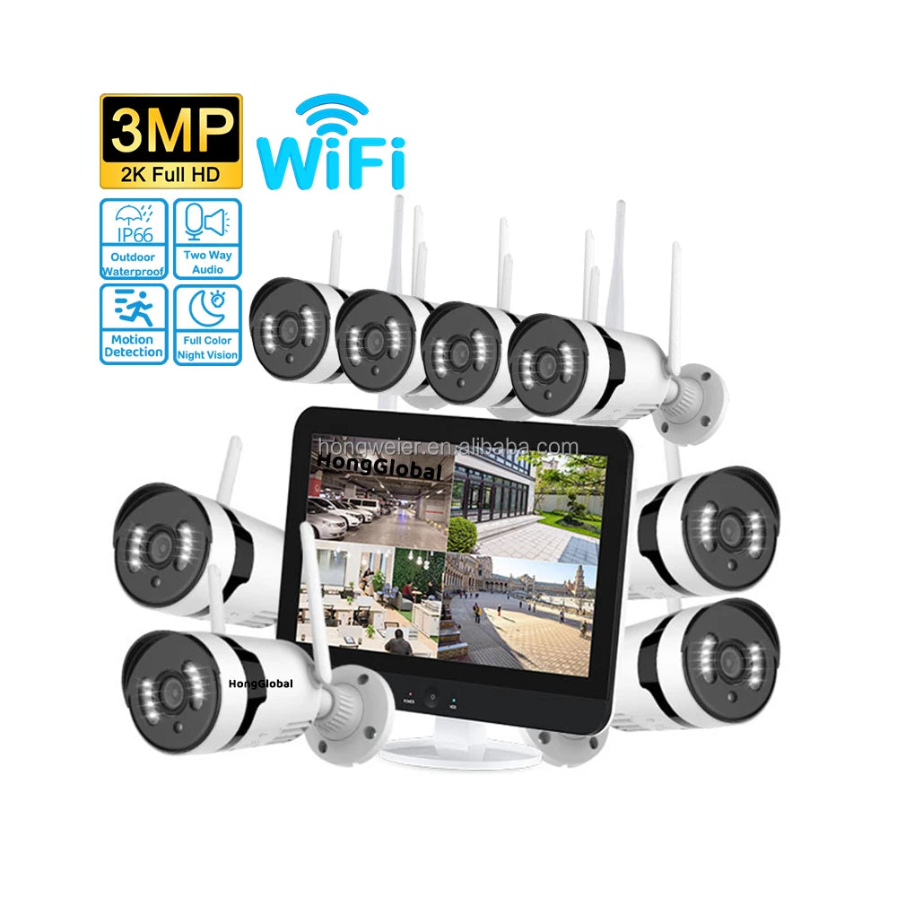HongGlobal 3MP LCD 8 Channel NVR Home Security Indoor Outdoor CCTV Camera Eseecloud Set Kit WiFi System Wireless Surveil System