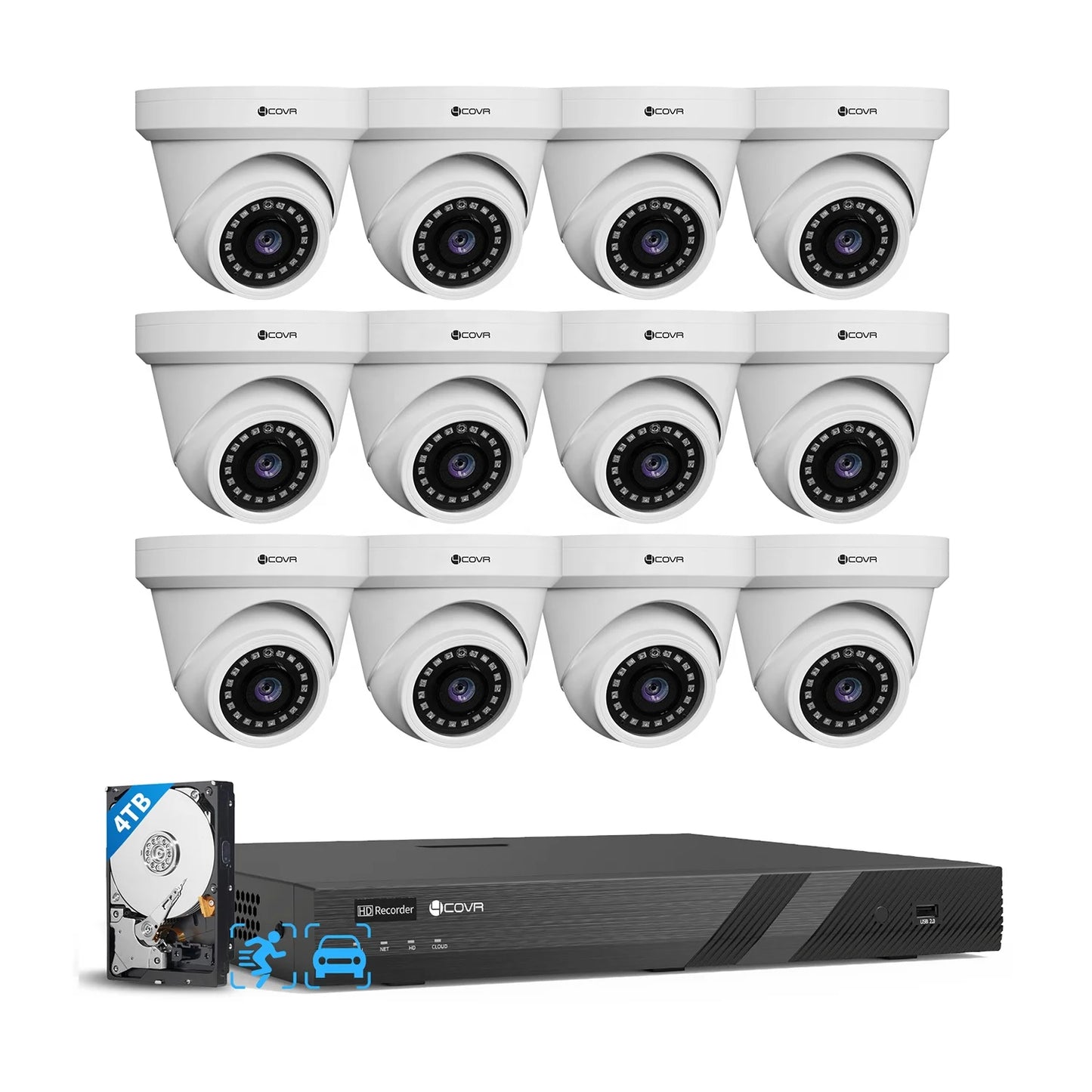 16 Channel 12x 5Mp IP67 Turret Audio AI Person Detect Business Home Security 4TB HDD NVR Night Vision 4k Cctv Poe Camera System