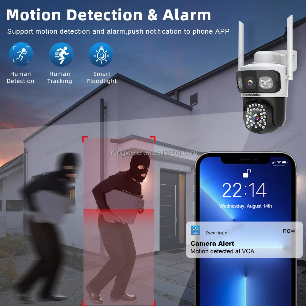 HongGlobal 8MP 3 Screen Outdoor 360 Surveil Camera Eseecloud 4K Video Dual Lens WiFi Network Home Security CCTV Wireless Camera