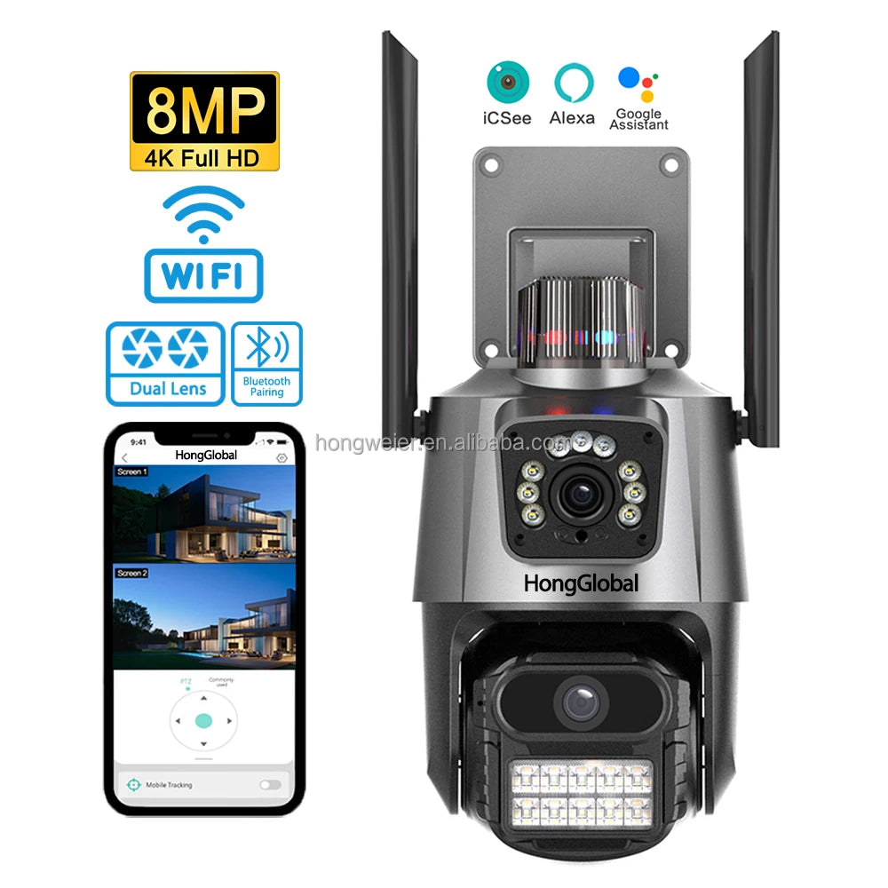 HongGlobal 8MP HD Video Smart Outdoor PTZ Camera ICSee Dual Lens 4K Monitor Wireless WiFi Home Security CCTV Surveillance Camera