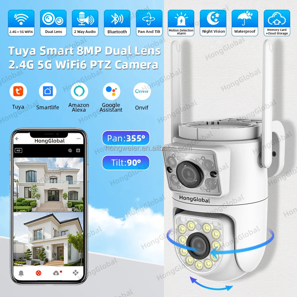 HongGlobal 8MP Smart 360 Degree PTZ IP Camera Tuya Dual Lens 4K 2.4G 5G WiFi Home Security Wireless Network CCTV Surveil Camera