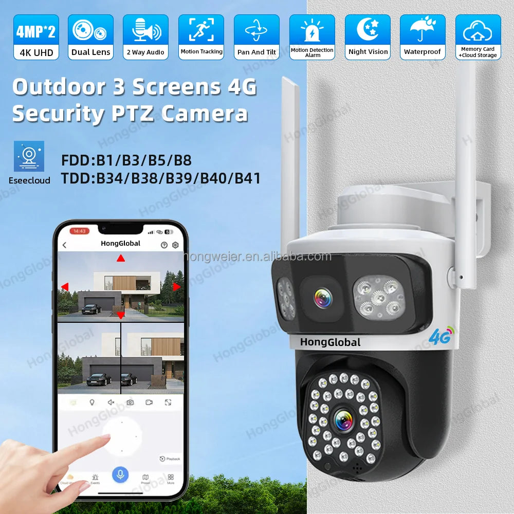 HongGlobal 8MP 4G LTE 3 Screen Surveil Home Smart Camera Eseecloud Dual Lens 4K Home Security 4G Sim Card CCTV Wireless Camera