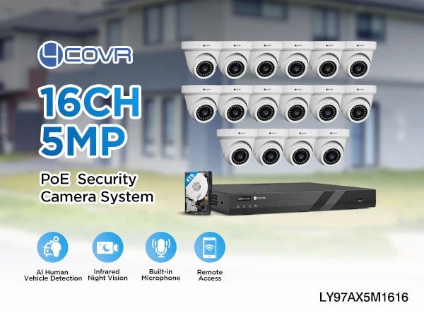 16 Channel 12x 5Mp IP67 Turret Audio AI Person Detect Business Home Security 4TB HDD NVR Night Vision 4k Cctv Poe Camera System