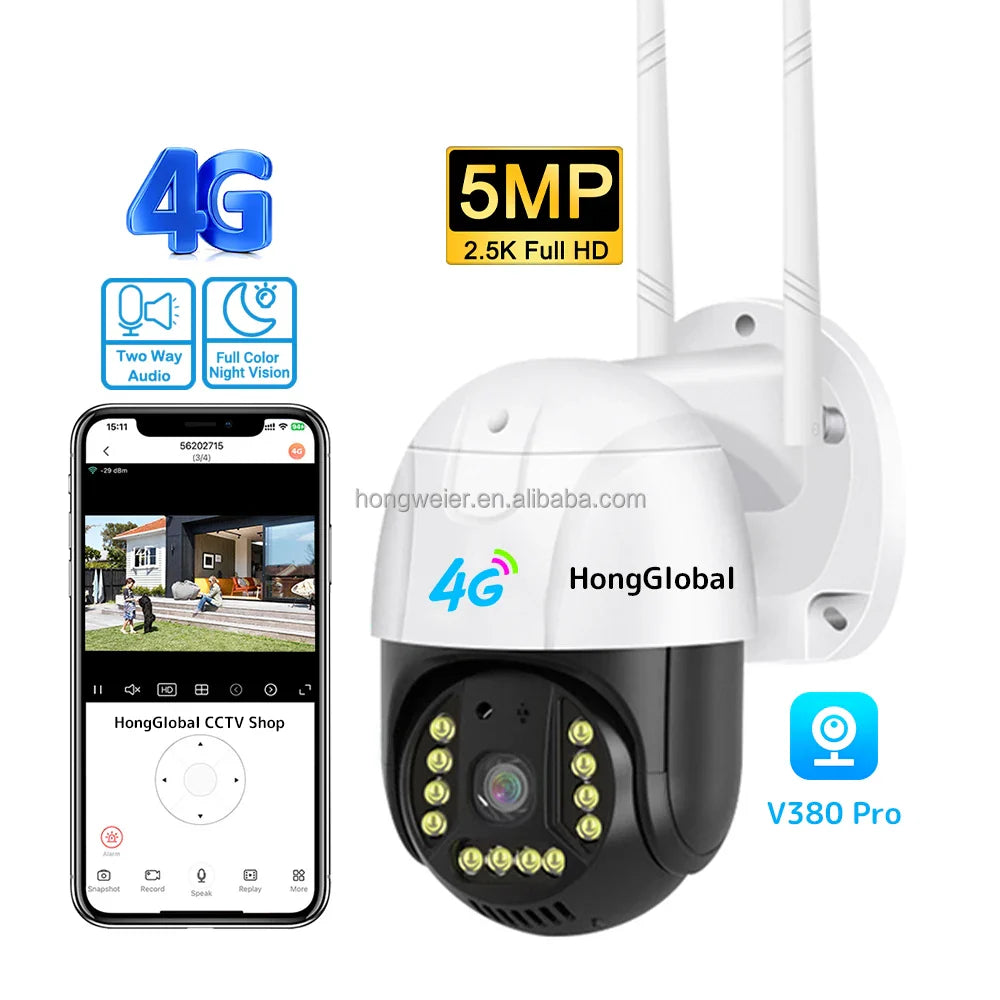 HongGlobal 5MP 4G LTE Video Outdoor 360 Degree Surveil Smart PTZ CCTV Camera V380 Pro 4G Sim Card Wireless Home Security Camera