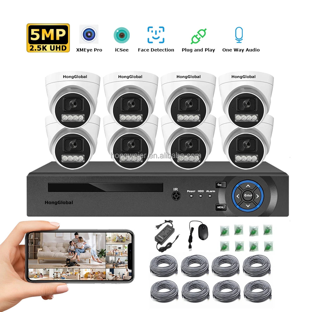 HongGlobal 5MP Kit POE Home Security Camera Set Network Video Recorder NVR 8 Channel Wireless Surveil System CCTV Camera System