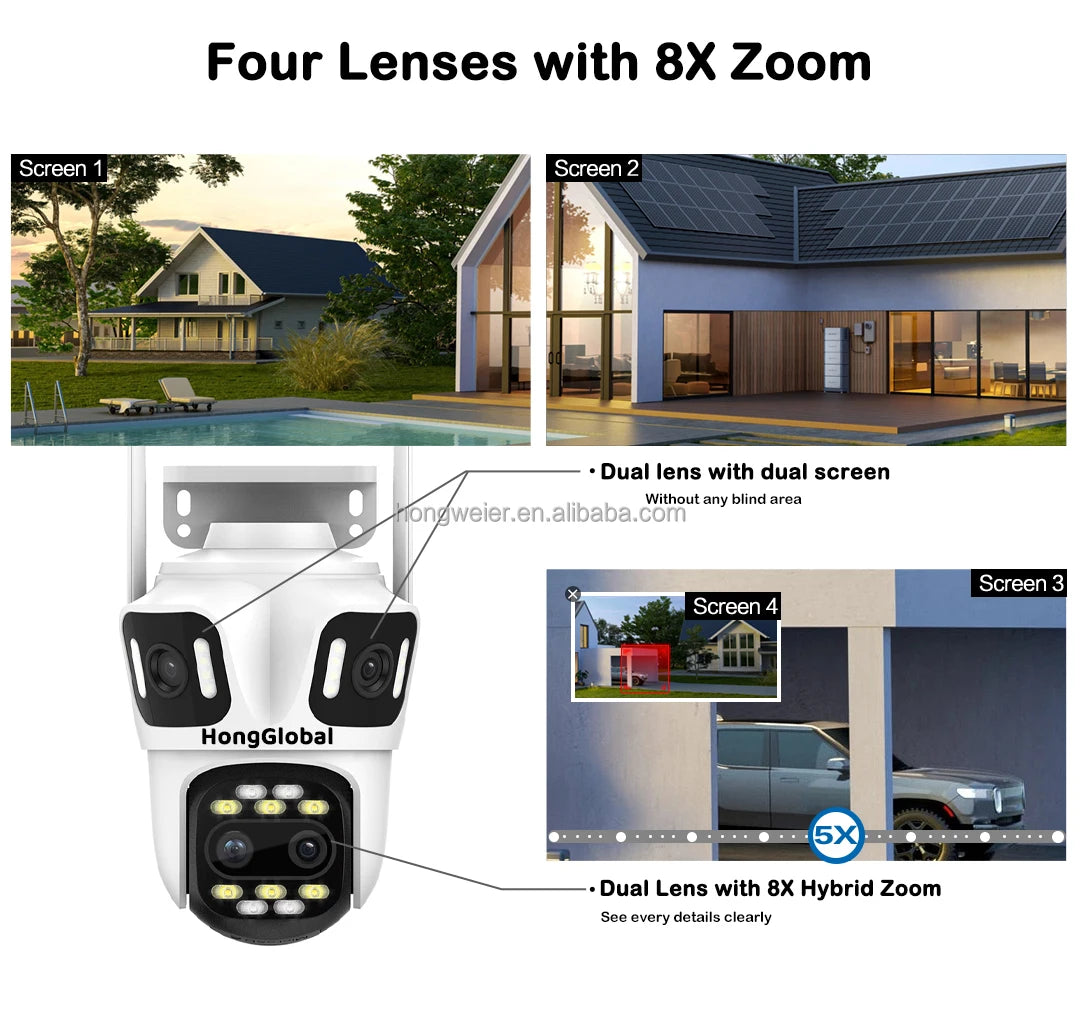HongGlobal 12MP 360 Degree Outdoor PTZ Wireless Camera ICSee Four Lenses 8X Zoom WiFi Surveil CCTV Network Home Security Camera