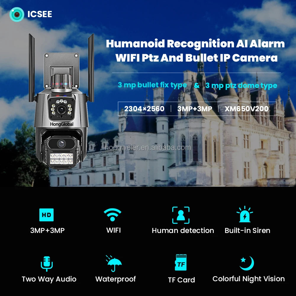 HongGlobal 8MP HD Video Smart Outdoor PTZ Camera ICSee Dual Lens 4K Monitor Wireless WiFi Home Security CCTV Surveillance Camera
