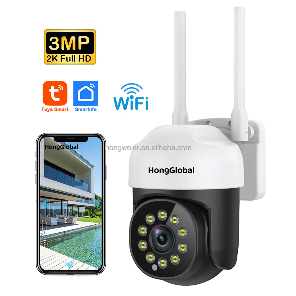 HongGlobal 3MP Smart Monitor Wireless Video Surveillance Outdoor IP PTZ Camera 360 Degree Tuya WiFi CCTV Home Security Camera