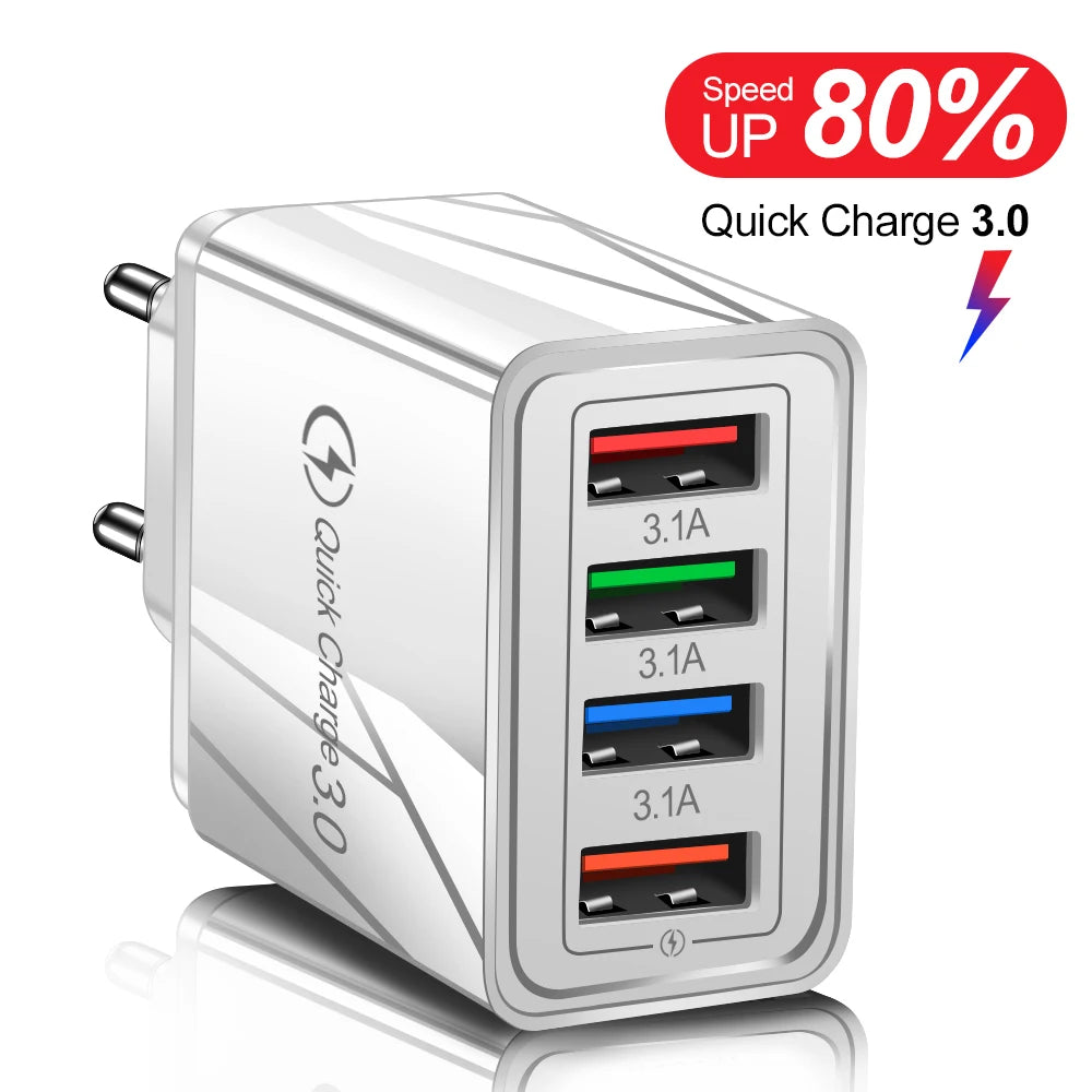 3A USB Charger 4 Port USB Quick Charge 3.0 EU US Plug Mobile Phone Charger Wall Adapter Portable Fast Charging For iPhone 16 Pro