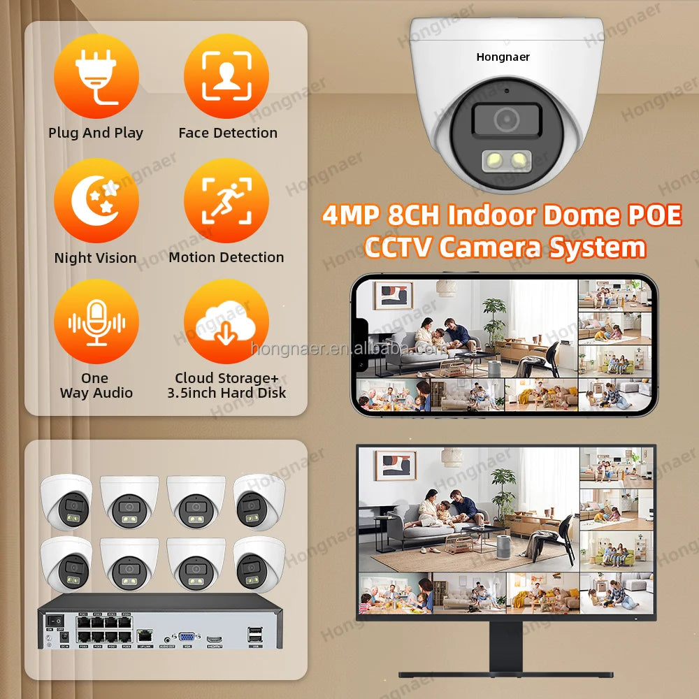 Hongnaer 4MP Indoor 8 Channel NVR IP Network Video Recorder Home Security Camera Surveil System POE Wireless CCTV Camera System