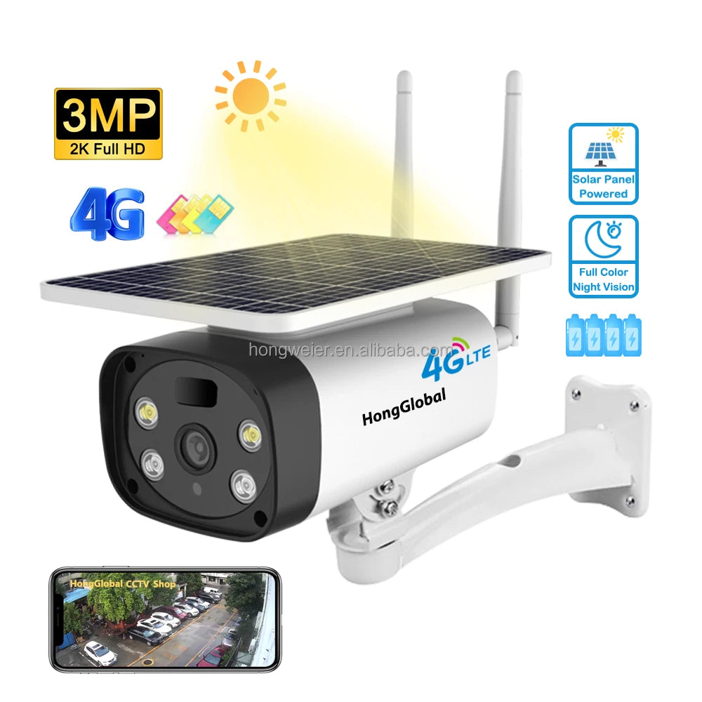 HongGlobal 3MP IP 4G LTE Solar Powered Outdoor Wireless CCTV Surveil Camera ICAM+ 4G Sim Card Solar Panel Home Security Camera