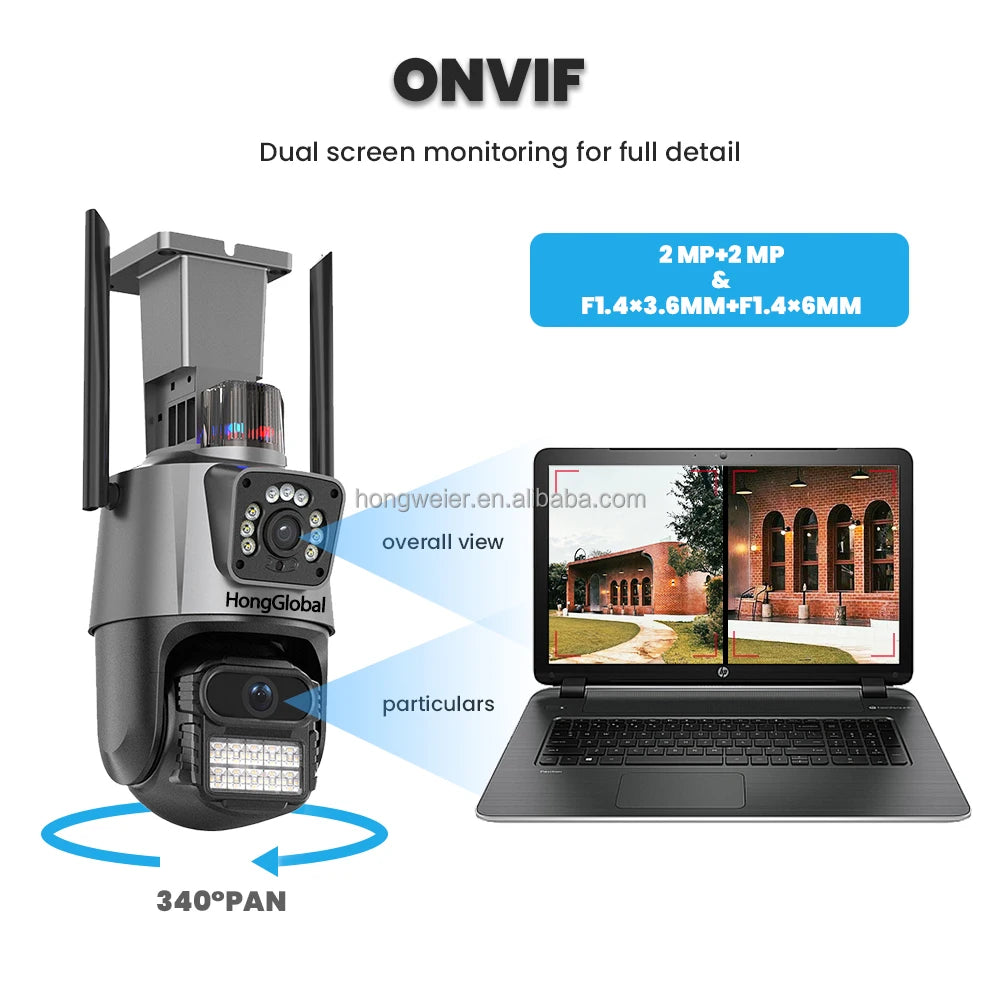 HongGlobal 8MP HD Video Smart Outdoor PTZ Camera ICSee Dual Lens 4K Monitor Wireless WiFi Home Security CCTV Surveillance Camera