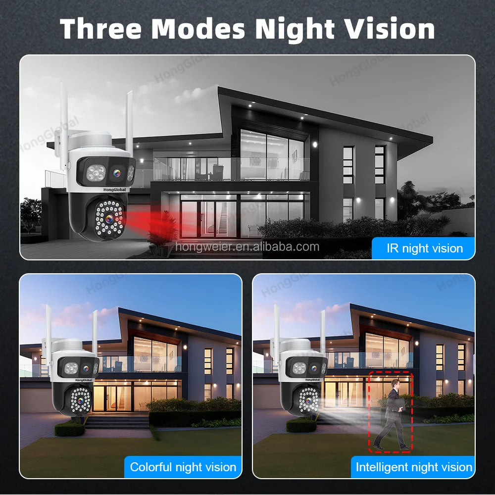 HongGlobal 8MP 3 Screen Outdoor 360 Surveil Camera Eseecloud 4K Video Dual Lens WiFi Network Home Security CCTV Wireless Camera