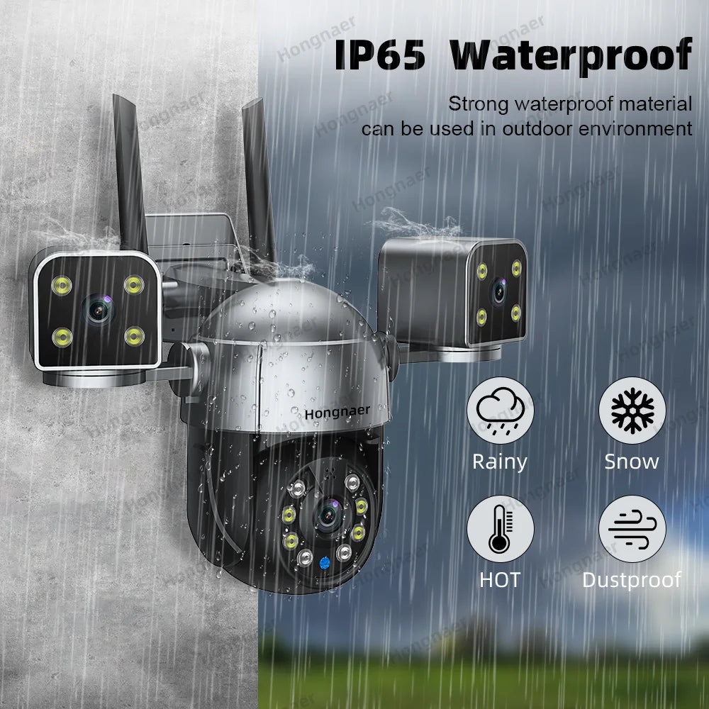 Hongnaer 8MP 3 Screens WiFi Smart Outdoor Wireless PTZ IP Camera Hopeway 3 Lens 4K Video 360 WiFi CCTV Home Security Camera