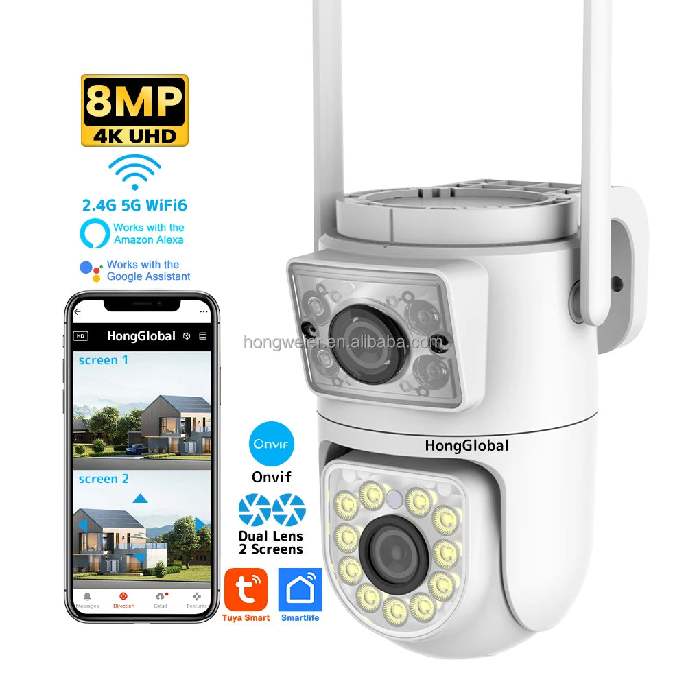 HongGlobal 8MP Smart 360 Degree PTZ IP Camera Tuya Dual Lens 4K 2.4G 5G WiFi Home Security Wireless Network CCTV Surveil Camera