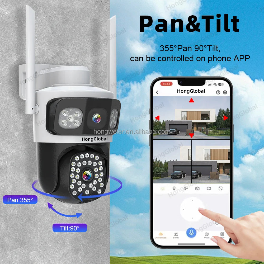 HongGlobal 8MP 3 Screen Outdoor 360 Surveil Camera Eseecloud 4K Video Dual Lens WiFi Network Home Security CCTV Wireless Camera