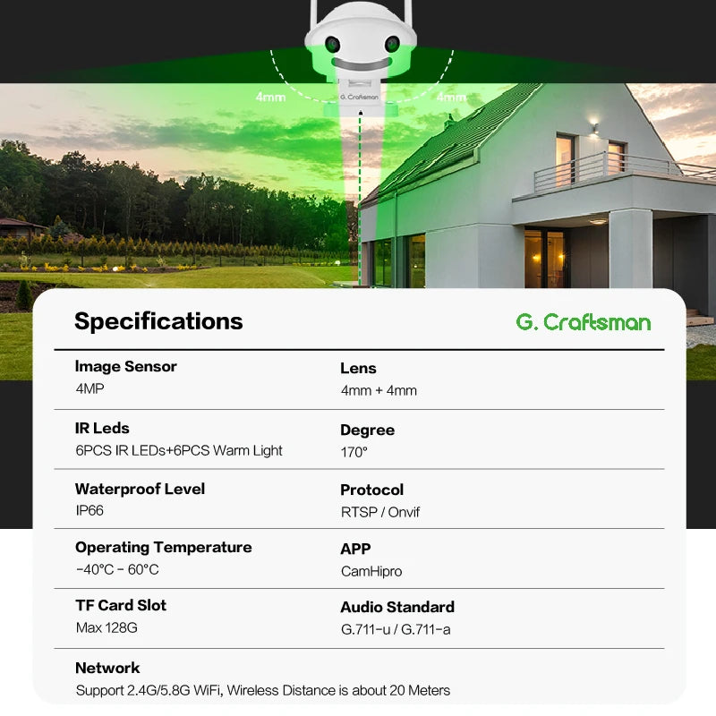 GW-F4FD-M2H-US GCraftsman 2.4G 5G Dual WIFI 4MP Lens 170 Degree IP Home Security Camera Outdoor CamHi Pro APP in USA Warehouse